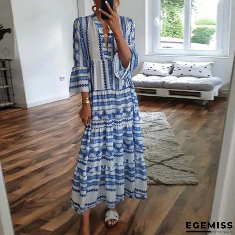 Blue Boho Printed V-Neck 3/4 Sleeve Loose Maxi Dress | EGEMISS