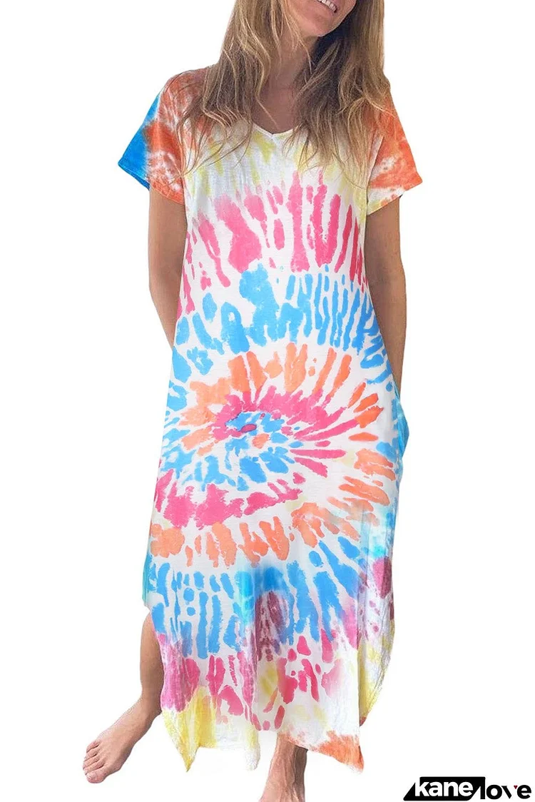 Multicolor Tie-dye V Neck T-shirt Maxi Dress with Slits