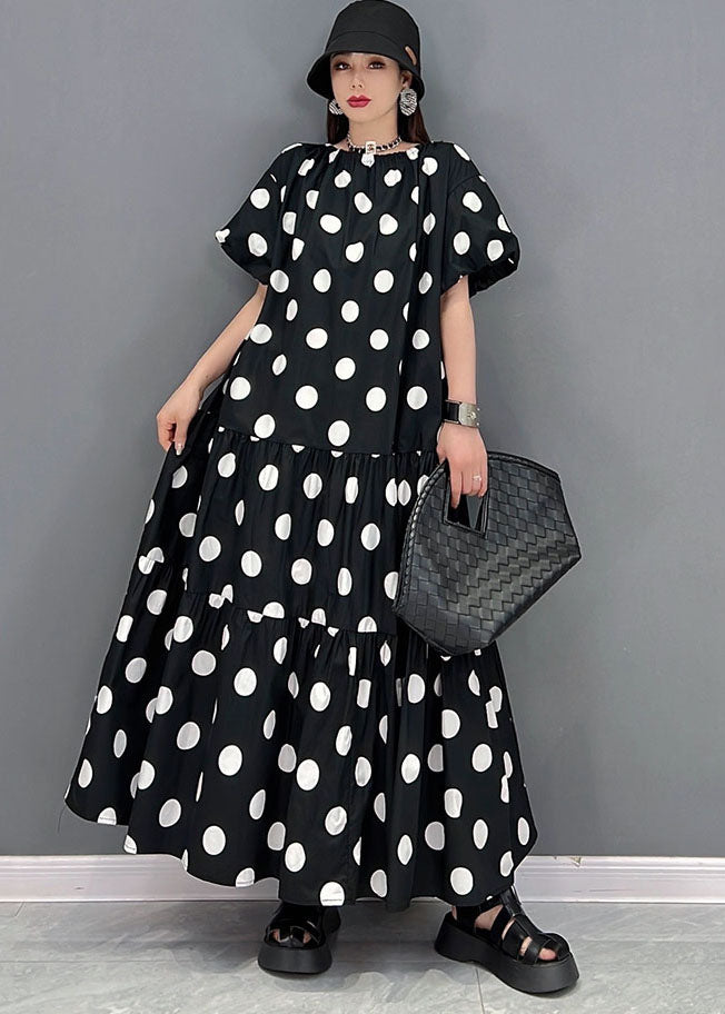 VCSHOES Loose Black O-Neck Wrinkled Wear On Both Sides Cotton Long Dress Short Sleeve