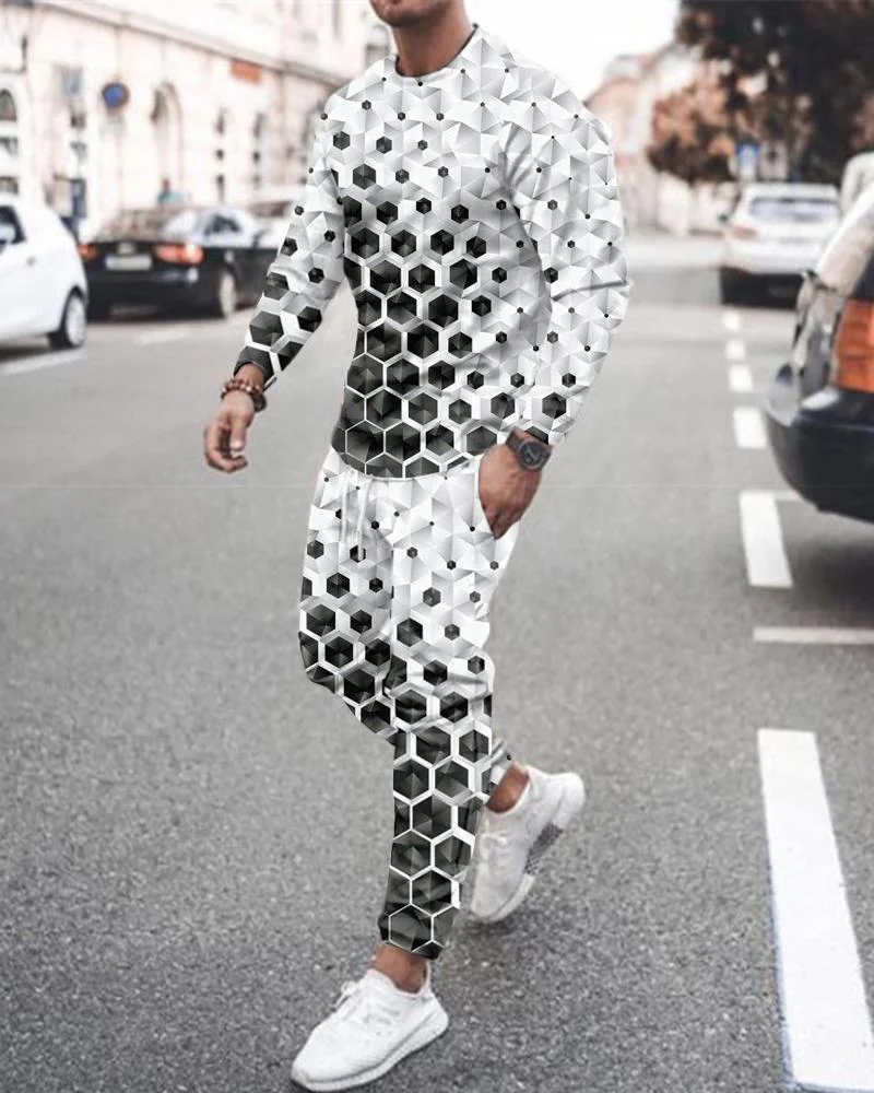 Men's Fashion black and white Geometric Printing Long-sleeved Suit