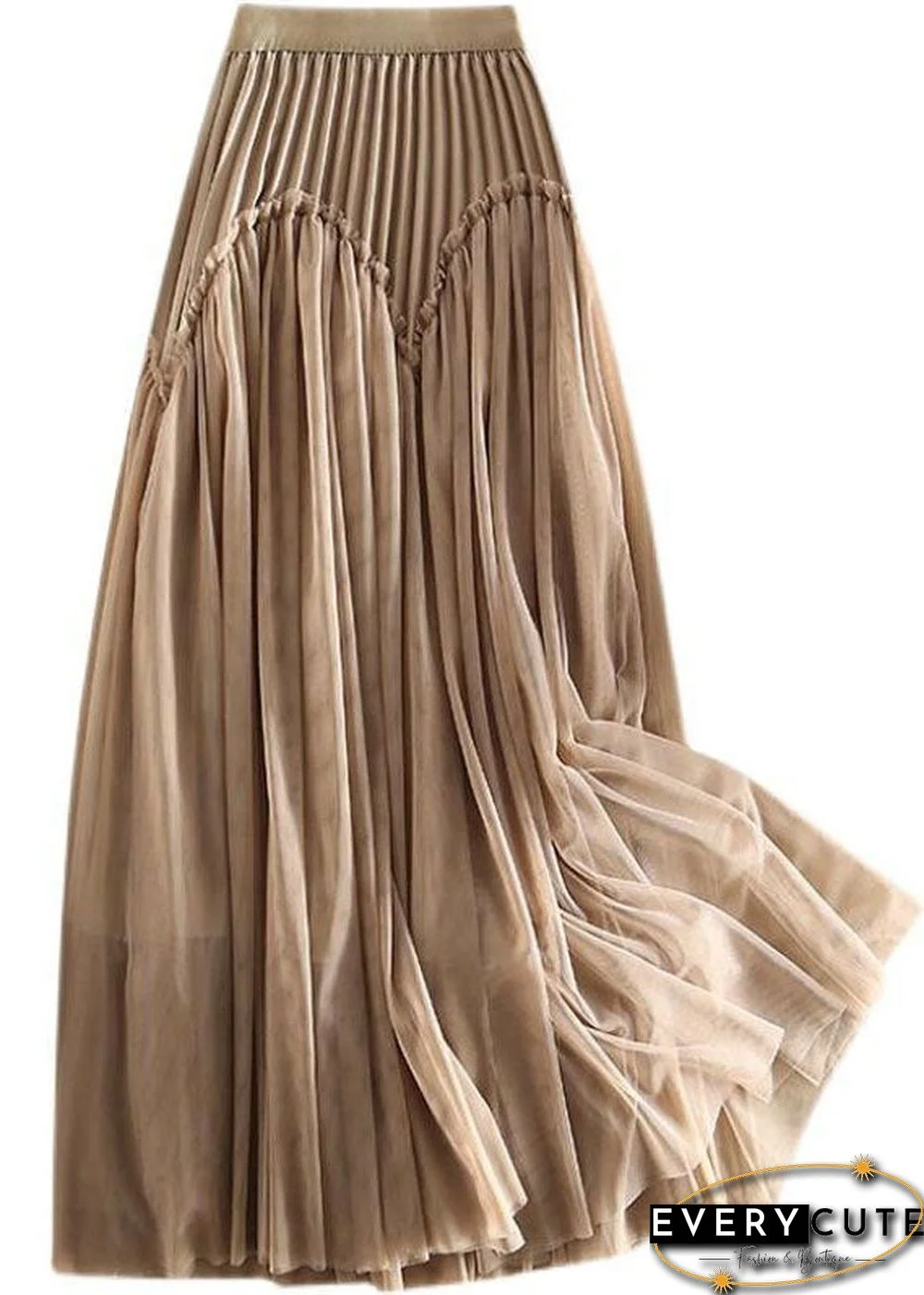 Original Design Khaki High Waist Ruffled Patchwork Tulle Pleated Skirts Spring