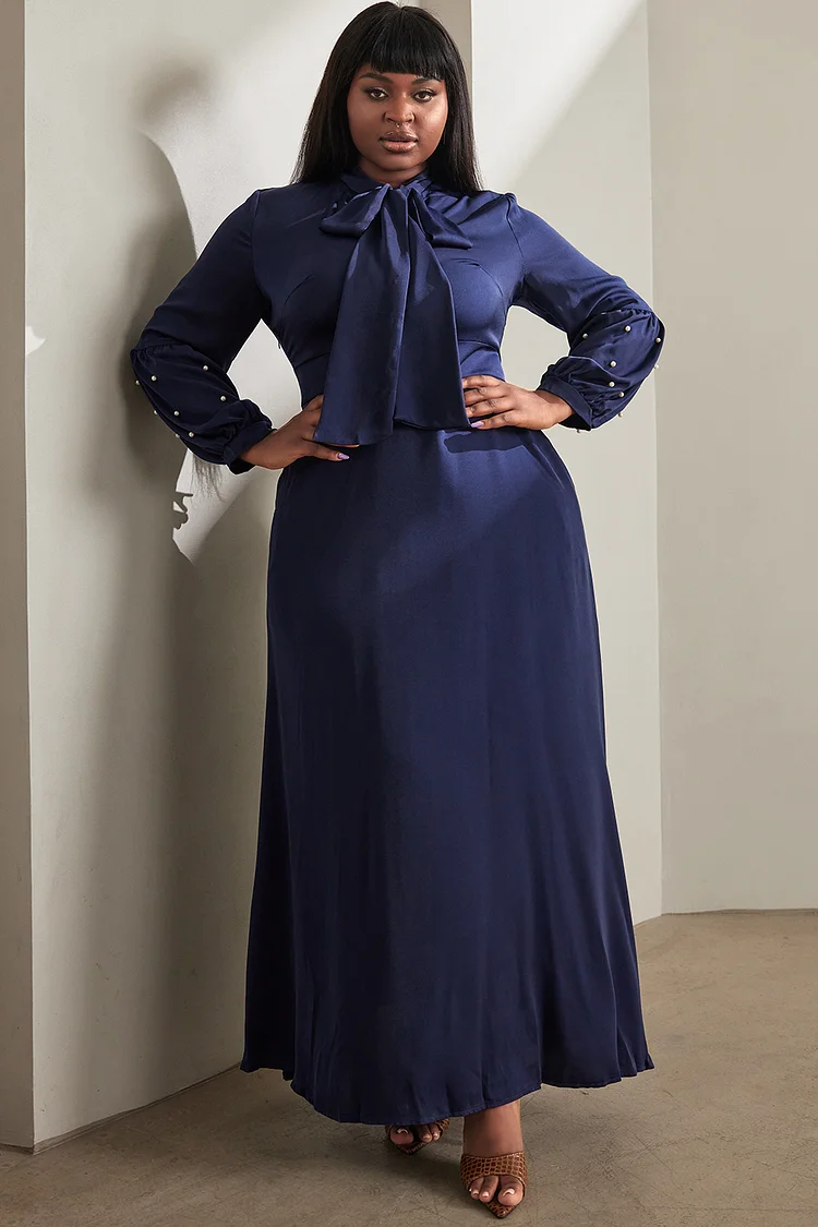 Xpluswear Design Plus Size Semi Formal Maxi Dresses Elegant Navy Blue Fall Winter Long Sleeve Bow Tie Knitted Maxi Dresses With Pocket [Pre-Order]