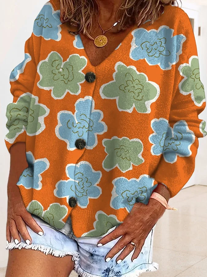 Fashionable Printed Casual Loose Buttoned Flannel Cardigan