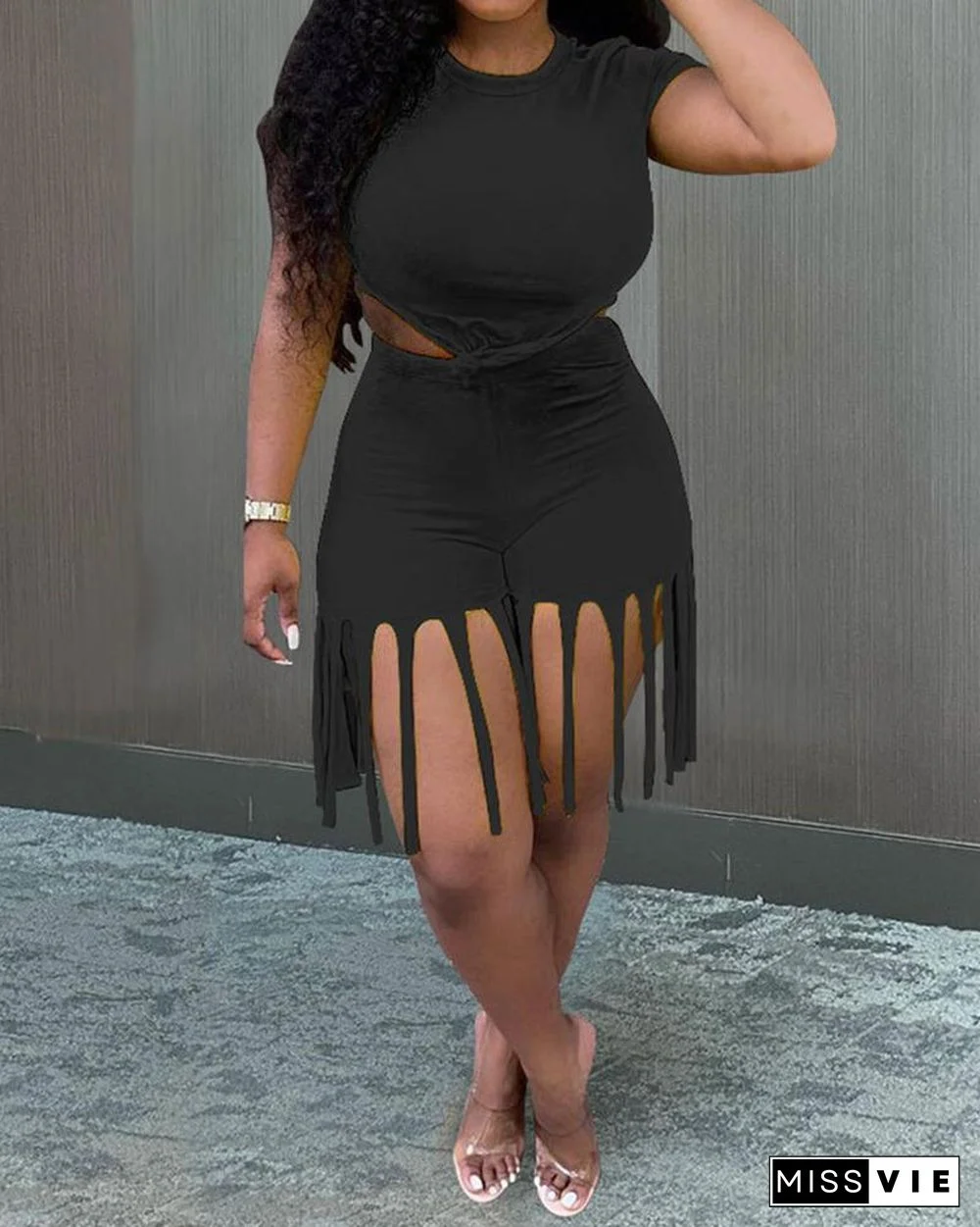 Sporty Fringe Embellished Bodycon Tank & Shorts 2-piece set