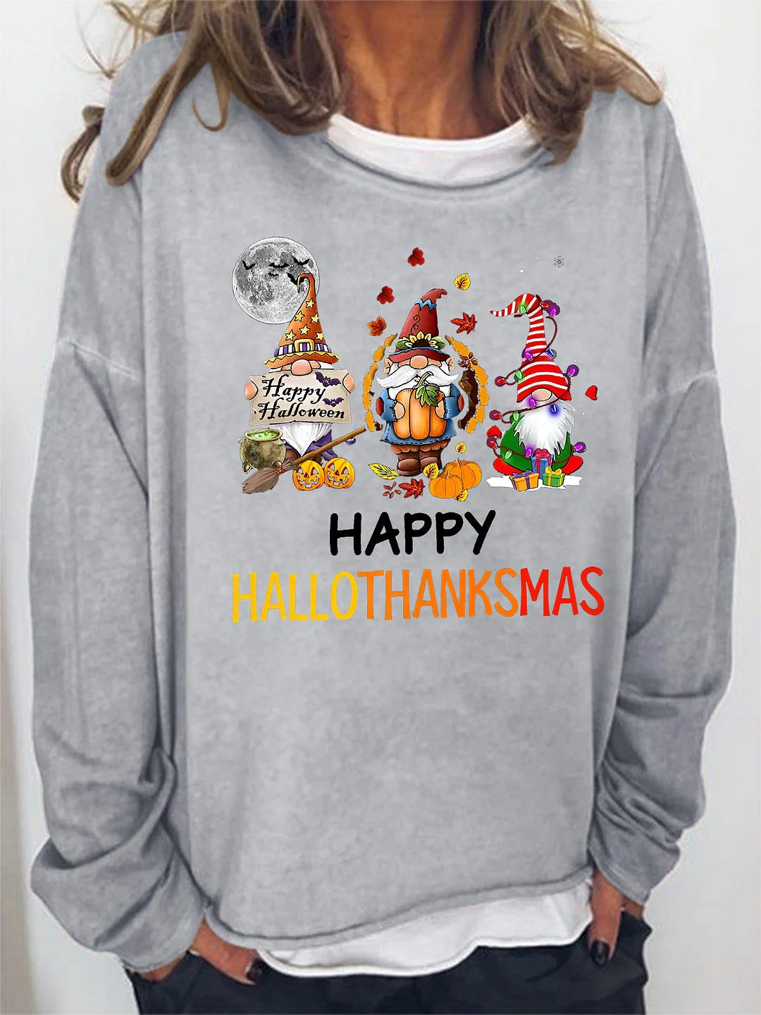 Merry Hallothanksmas Gnomes Print Loose Sweatshirts
