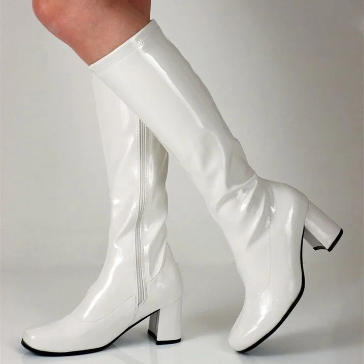 White Patent Leather Chunky Heel Mid-calf Boots Vdcoo