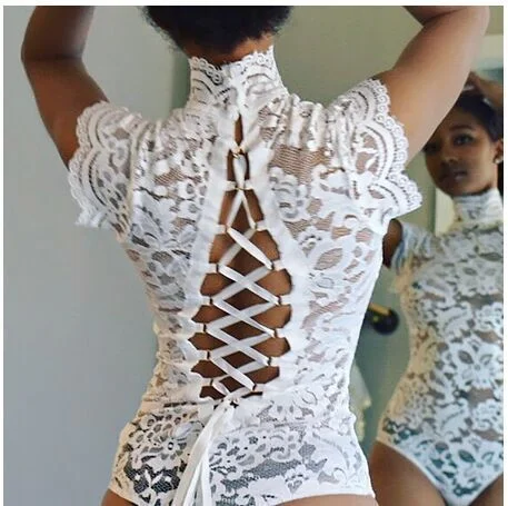 Sexy Turtleneck Lace-up Bodysuit