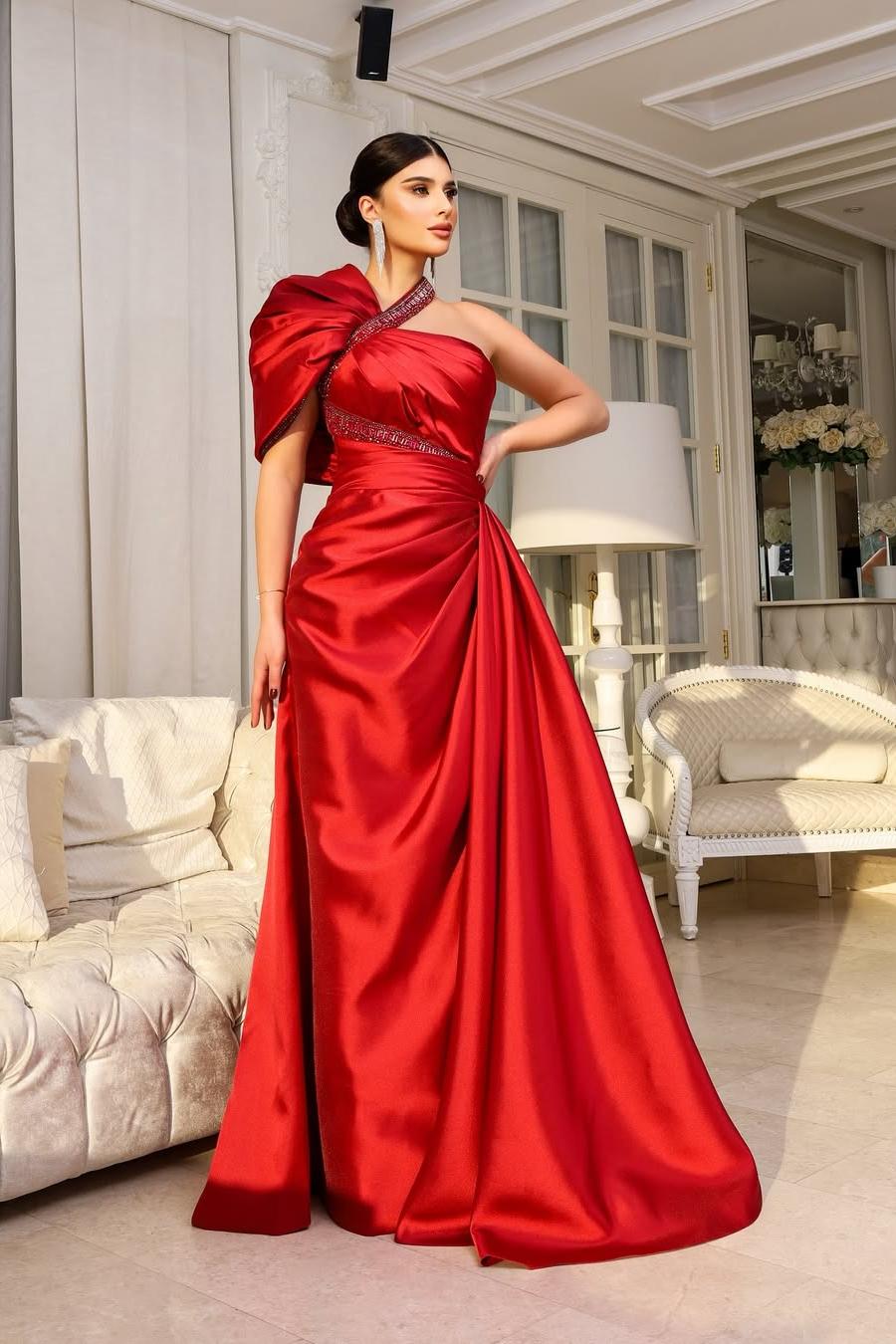 Beautiful Red Satin Sleeveless One Shoulder Long Pleated Prom Dress with Beadings | MS0622 