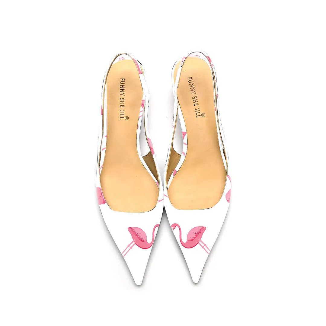 Flamingo Pattern Patent Leather Pointed Toe Elegant Kitten Heel Slingback Dress Pump Shoes