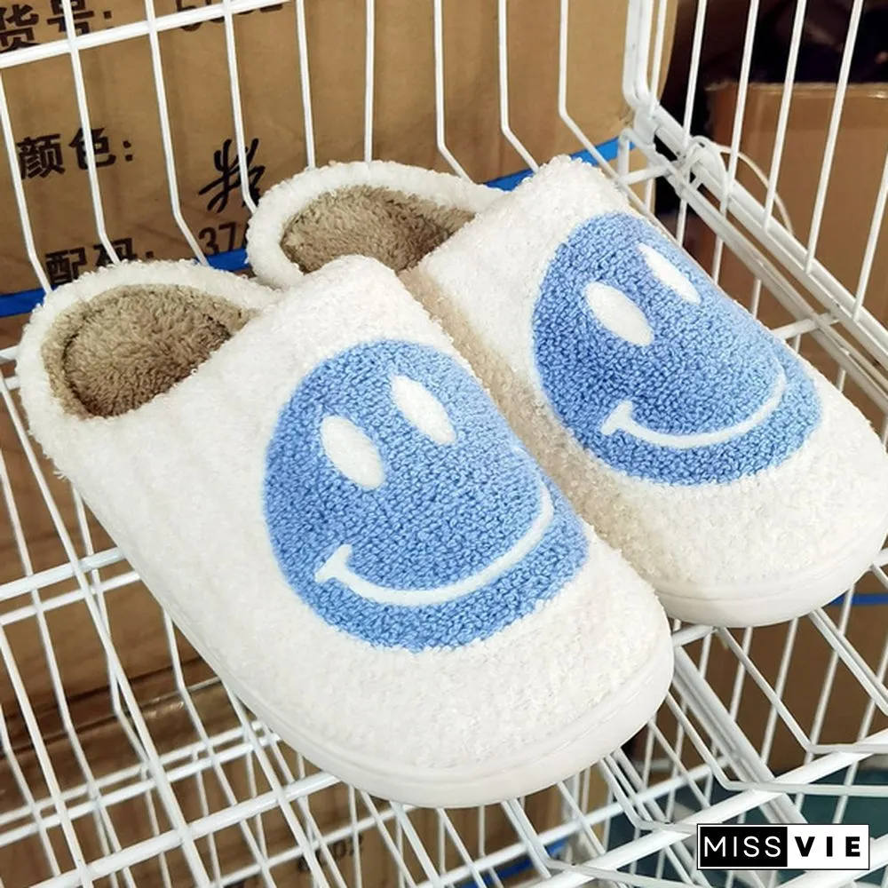 Winter House Girls Fur Slippers Cute Smiley Pattern Women Fluffy Warm Bedroom Ladies