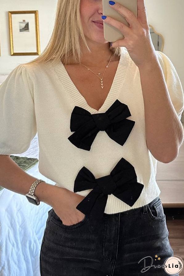 V-Neck Short-Sleeved Double Bow Solid Color Sweater