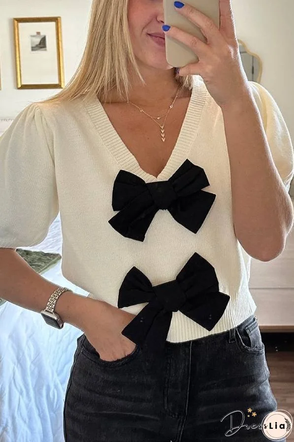 V-Neck Short-Sleeved Double Bow Solid Color Sweater