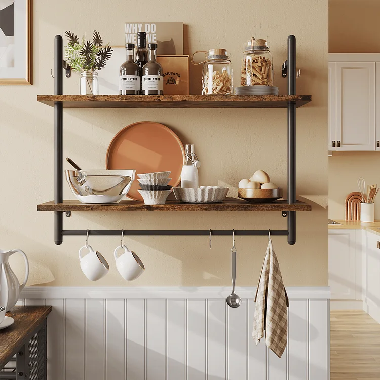 Bestier Pipe Shelf Industrial Floating Shelving 31" Kitchen Wall-Mounted Shelf in Charcoal