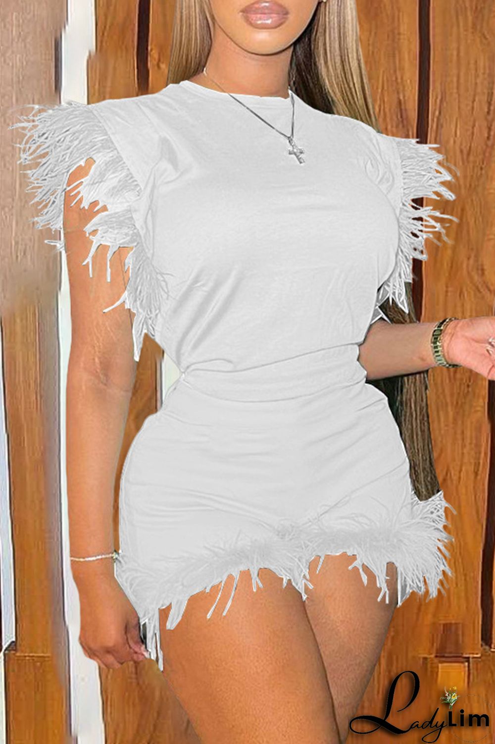 Cyan Fashion Casual Solid Patchwork Feathers O Neck Sleeveless Two Pieces