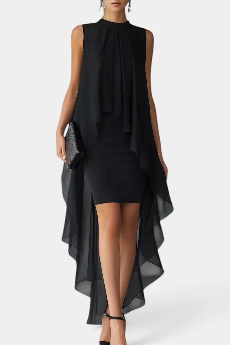High-Low Chiffon Layered Dress with Neck Ruffles