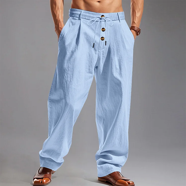 Casual Linen Lace-Up Mid Rise Button Solid Straight Pants 
