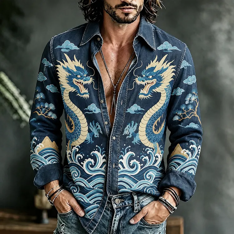 Men's Vintage Dragon And Wave Art Embroidered Cotton And Linen Patchwork Long-sleeve Shirt