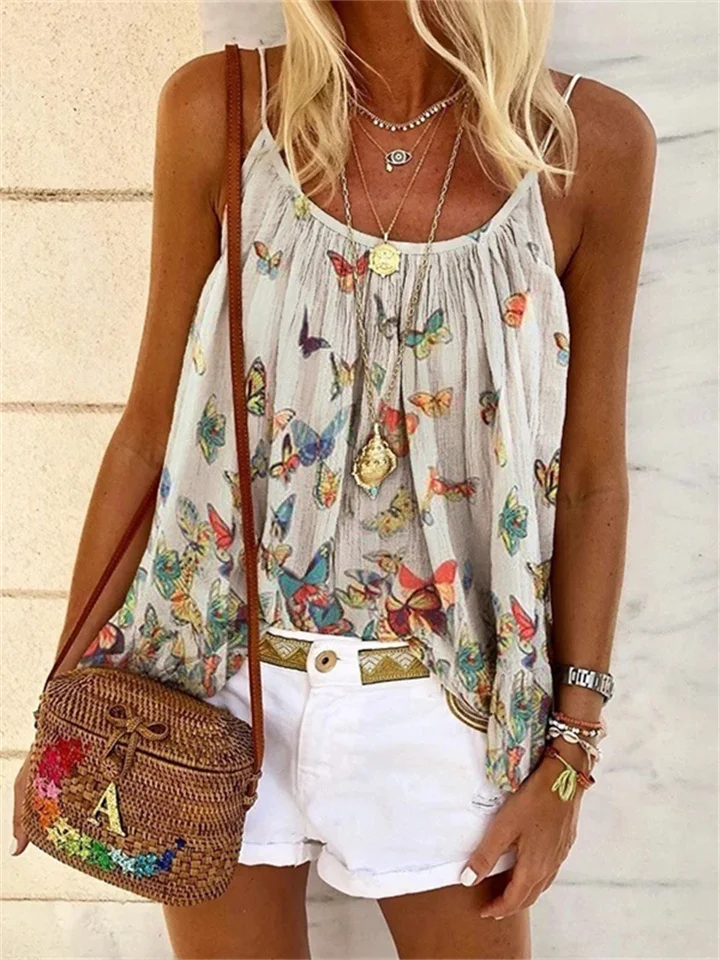 Summer Women's Fashion Butterfly Print Camisole Tops Large Size Loose Round Neck Casual Wind Undershirt Camisole S-5XL