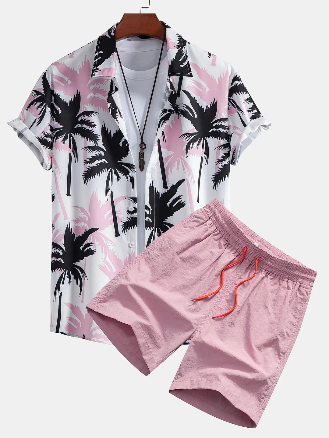 Tropical Palm Print Button-Down Shirt with Swim Shorts