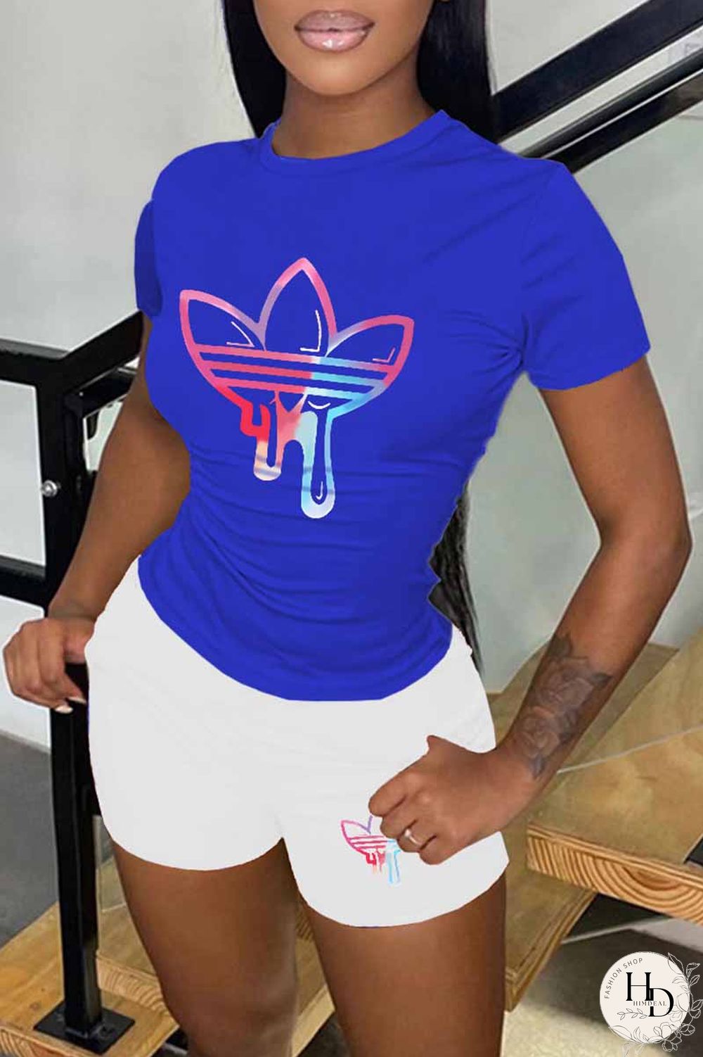 White Casual Print Patchwork O Neck Short Sleeve Two Pieces