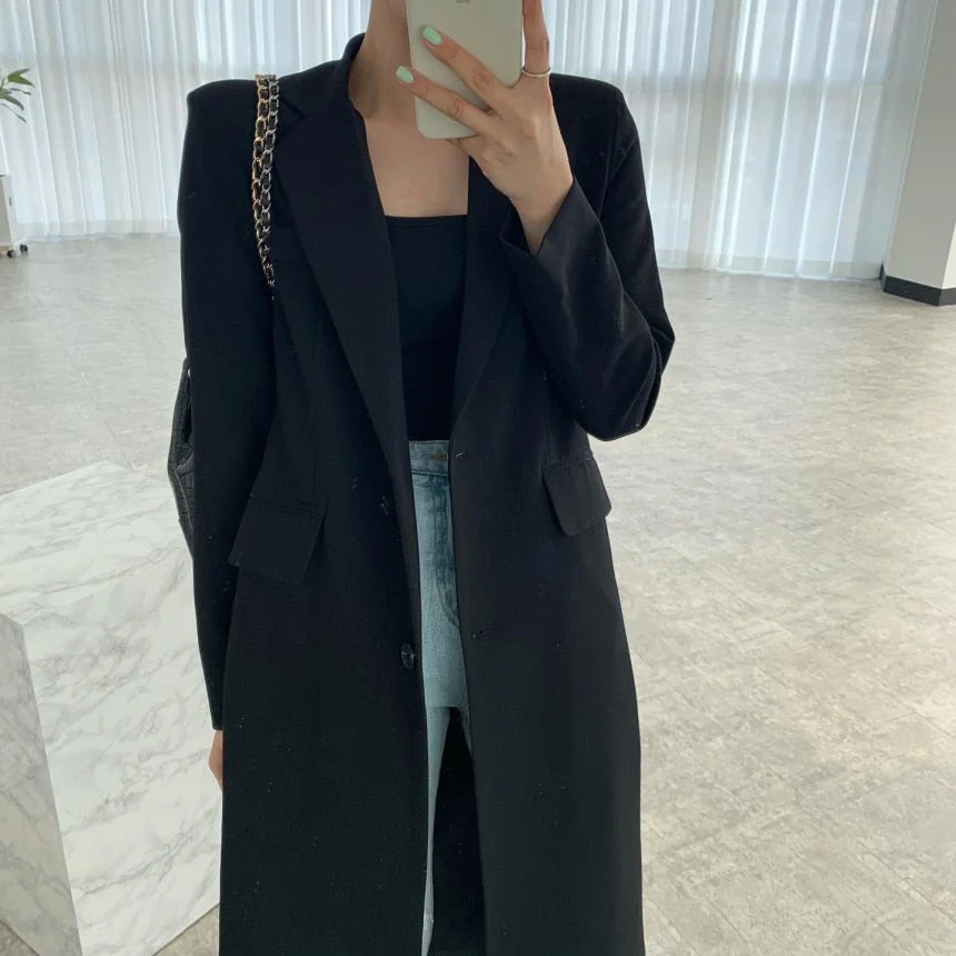 Fashion Autumn Winter Notched Double Breasted Jacket Slim Black Women Long Blazers Office Lady Coat