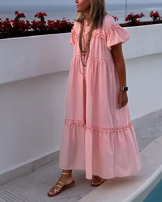 Tiered Puff Sleeve Ruffled Detail Solid Color Loose Maxi Dress