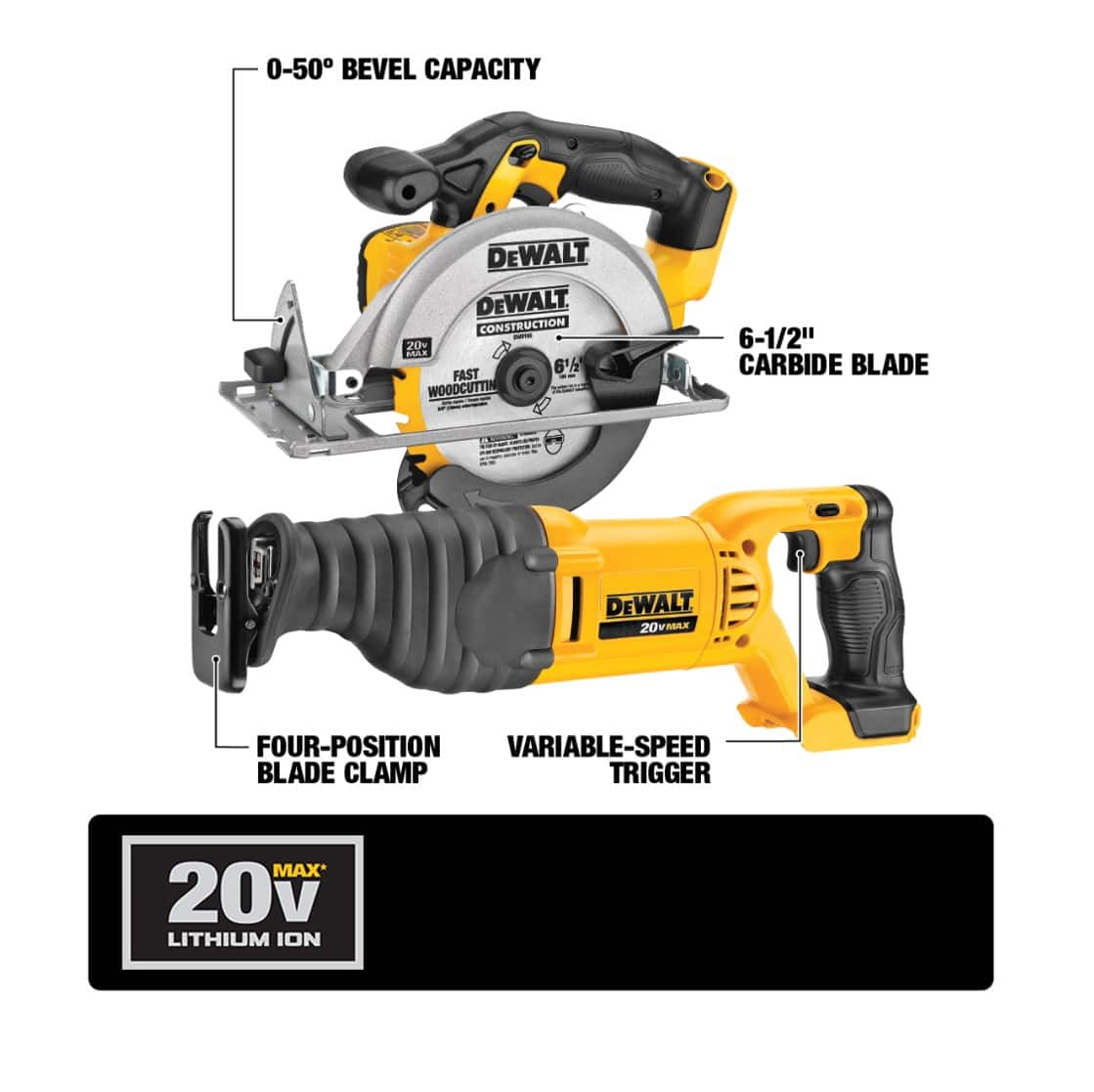 The DCS381 Reciprocating Saw features an ergonomic Lightweight design with 0 to 3000 SPM. The DCS393 features a 3700 RPM motor for power and speed.