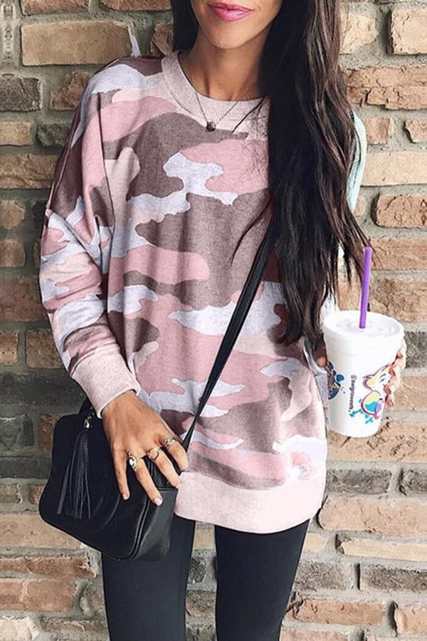 Fashion Camo Print Round Neck Long Sleeve Pullover