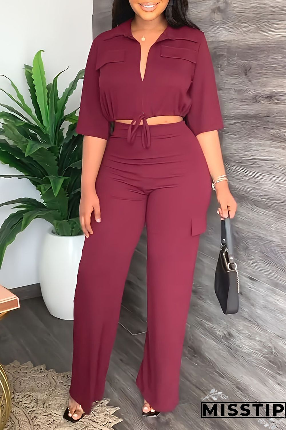 Black Casual Solid Bandage Patchwork Turndown Collar Half Sleeve Two Pieces