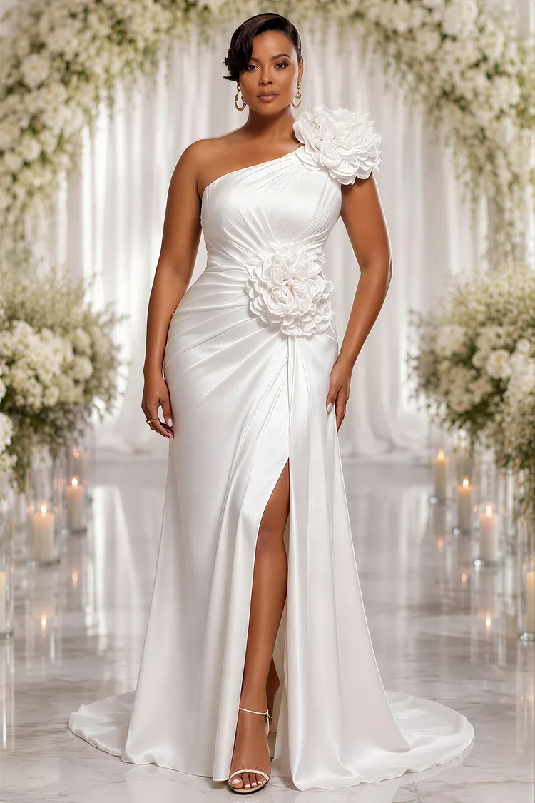 Xpluswear Design Plus Size Wedding White Oblique Collar One Shoulder 3D Split Satin Maxi Dresses [Pre-Order] 2024 - Xpluswear