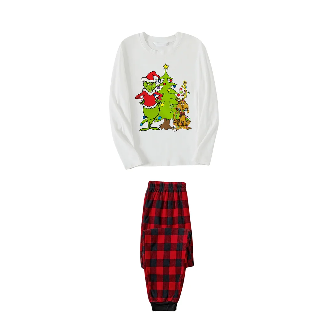 Christmas Cartoon Pattern and Tree Printed Red & Black Plaid Family Matching Pajamas