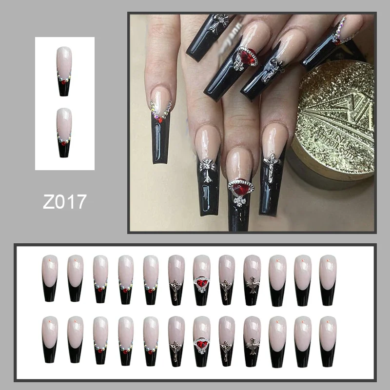 Applyw Press On Tips Nails Long Coffin False Nails Red Rhinestone Full Cover French Ballerina Fake Nails Nail Tips Manicure Tool