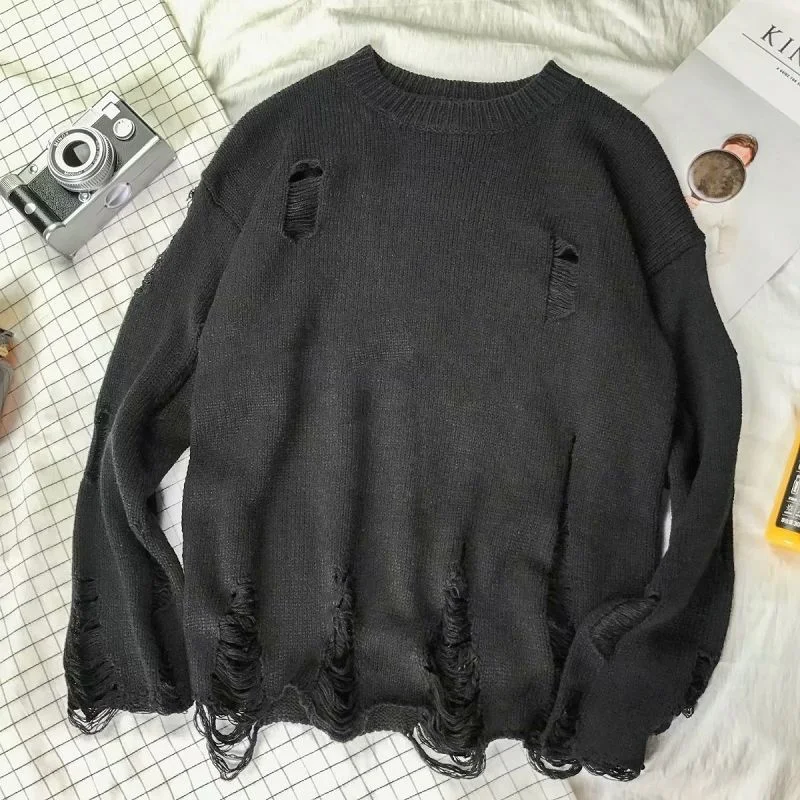 Wash Hole Ripped Knit Sweaters Men Women Streetwear Hip Hop Pullovers Jumper Fashion Oversized All-match Men Winter Clothes