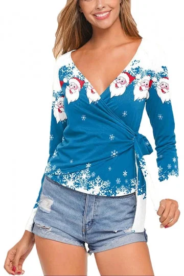 Sexy Wrap Santa Print Blouse Blue-elleschic
