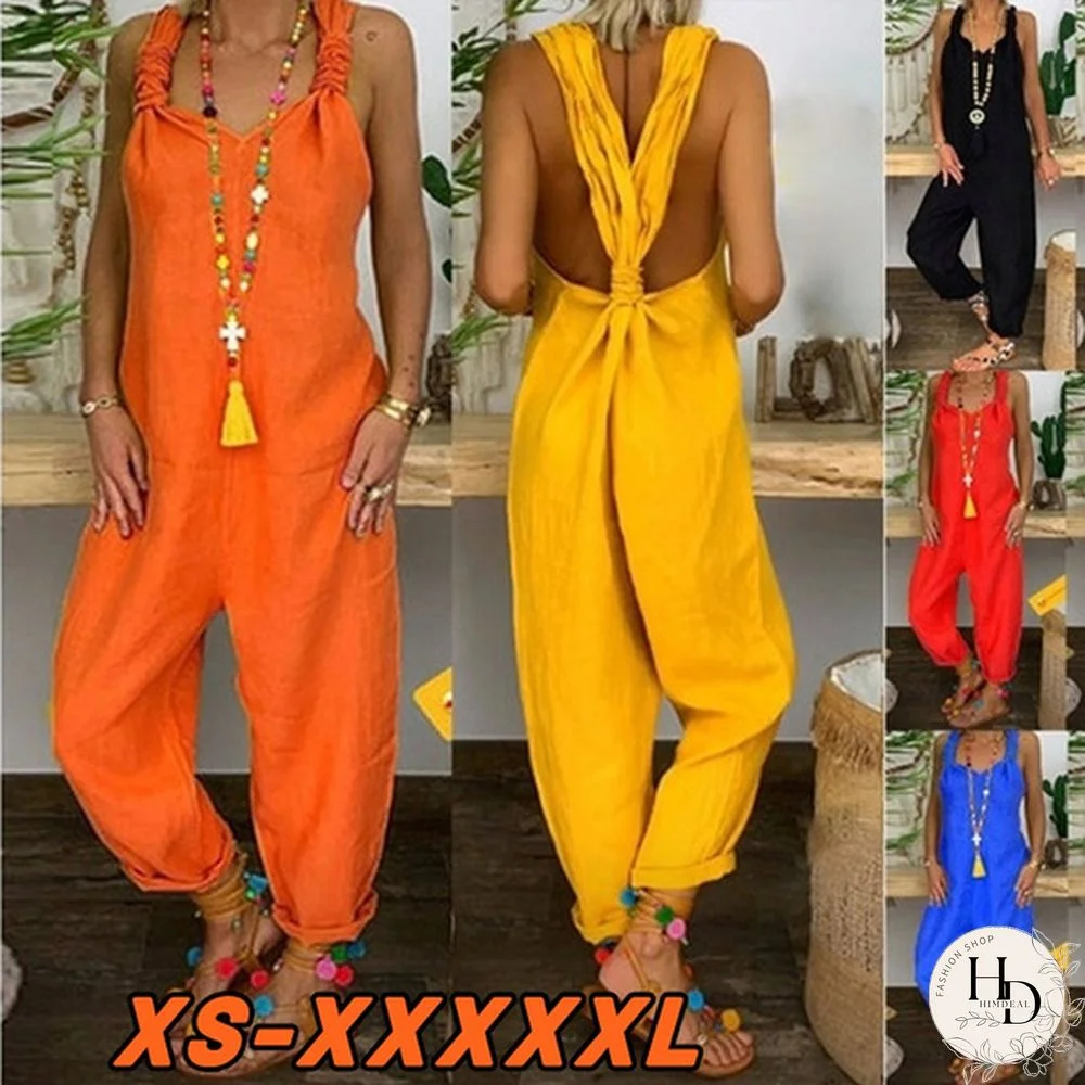 Retro Fashion Long Wide Leg Overalls Pants Lose Cotton Linen Sling Bib Jumpsuits Summer Solid Color Sleeveless Baggy Rompers Pants