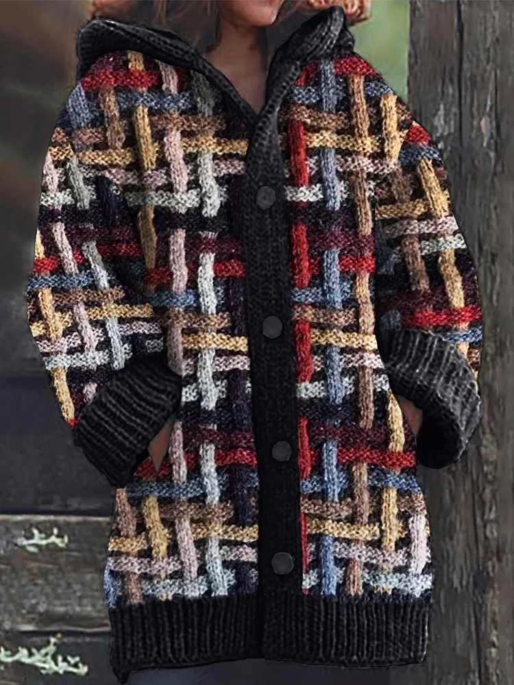 Vintage Colorful Chunky Woven Cozy Hooded Cardigan