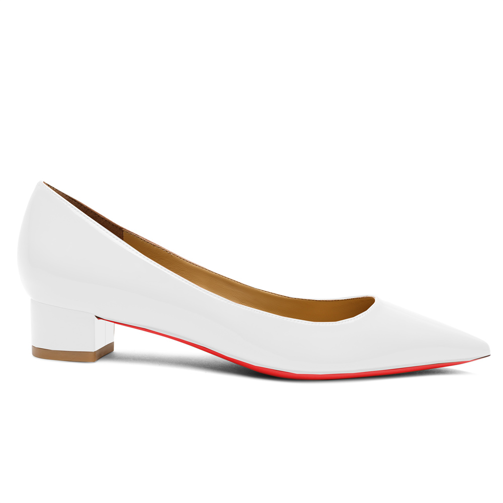 30mm Pointed Toe Low Chunky Heels Red Bottom Kitten Heels Daily Patent Pumps for Women-MERUMOTE