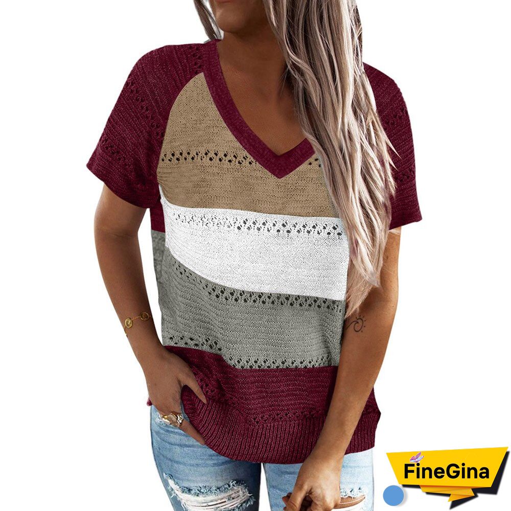 Summer Knitted Short Sleeve Top Women's European And American Contrast V-neck Pullover T-shirt Y2k Top