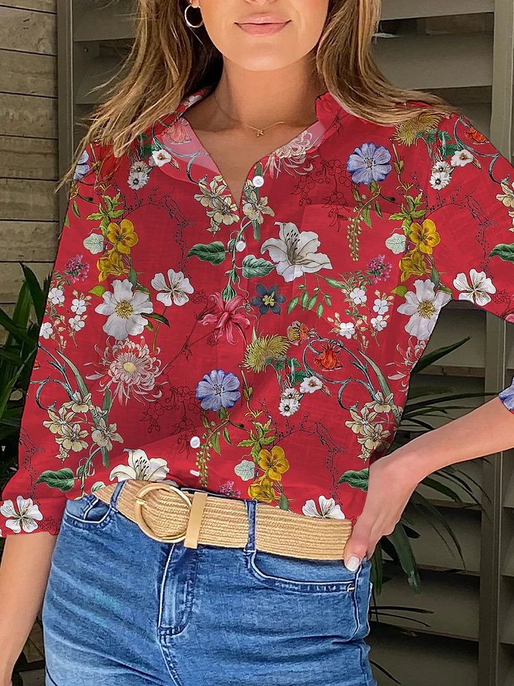Spring Field Floral On Red Background Repeat Pattern Printed Women's Casual Shirt