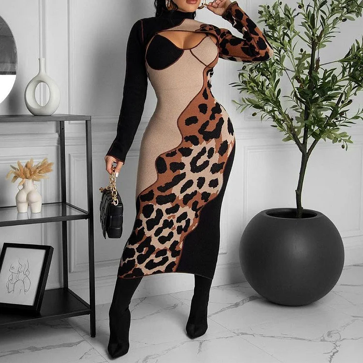 Leopard Print Long Sleeve Midi Dress - IRBOOM Fashion Clothing