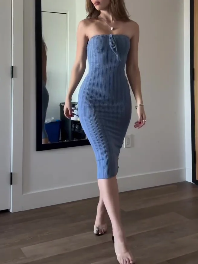 Haze Blue Tube Top Knitted Bodycon Dress
