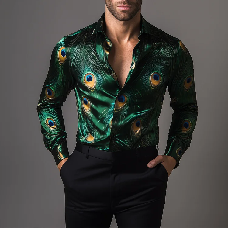 Okaywear Silk Peacock Feather Pattern Button Long Sleeve Shirt 