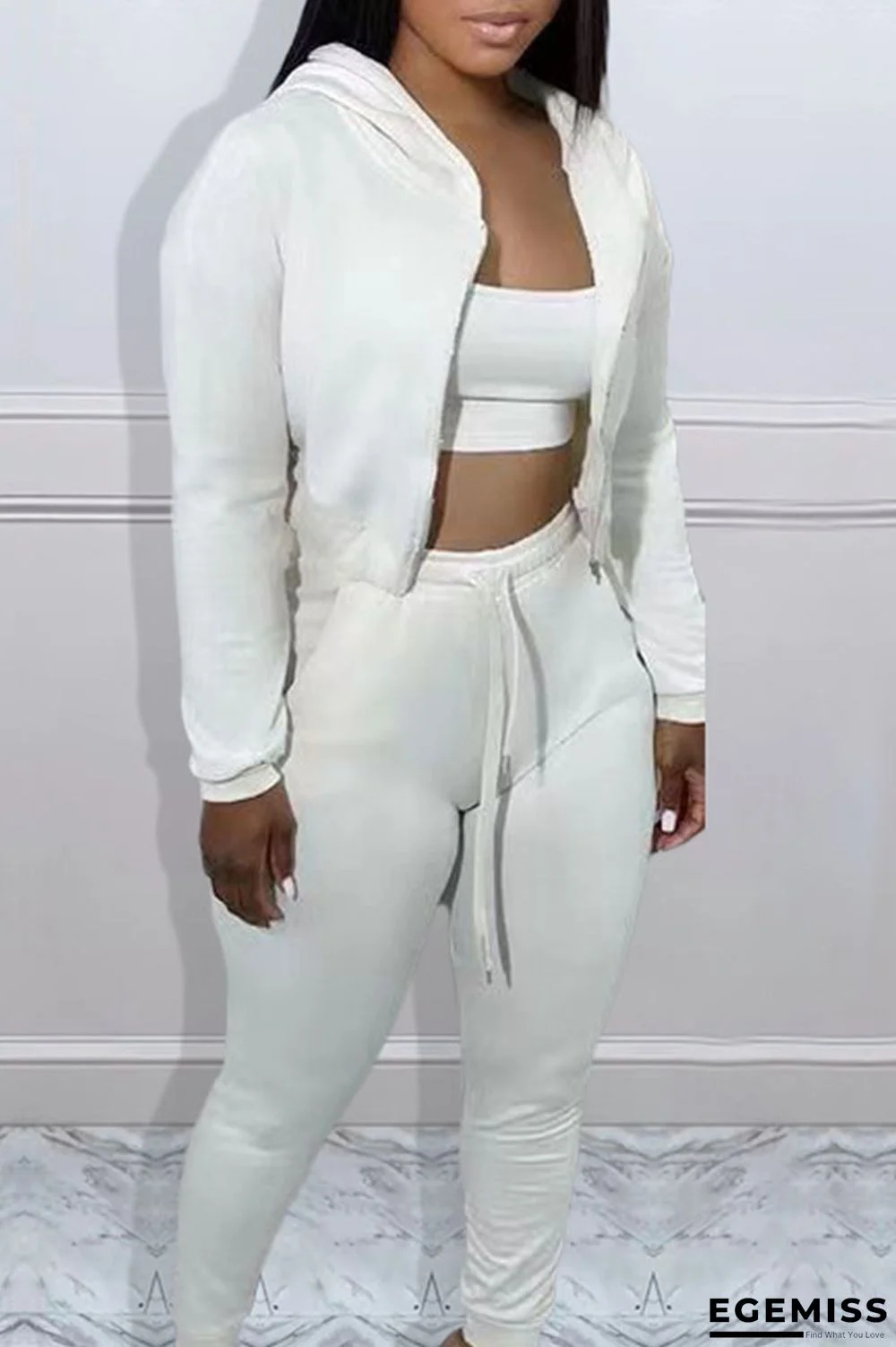 White Casual Solid Patchwork Hooded Collar Long Sleeve Three Pieces | EGEMISS