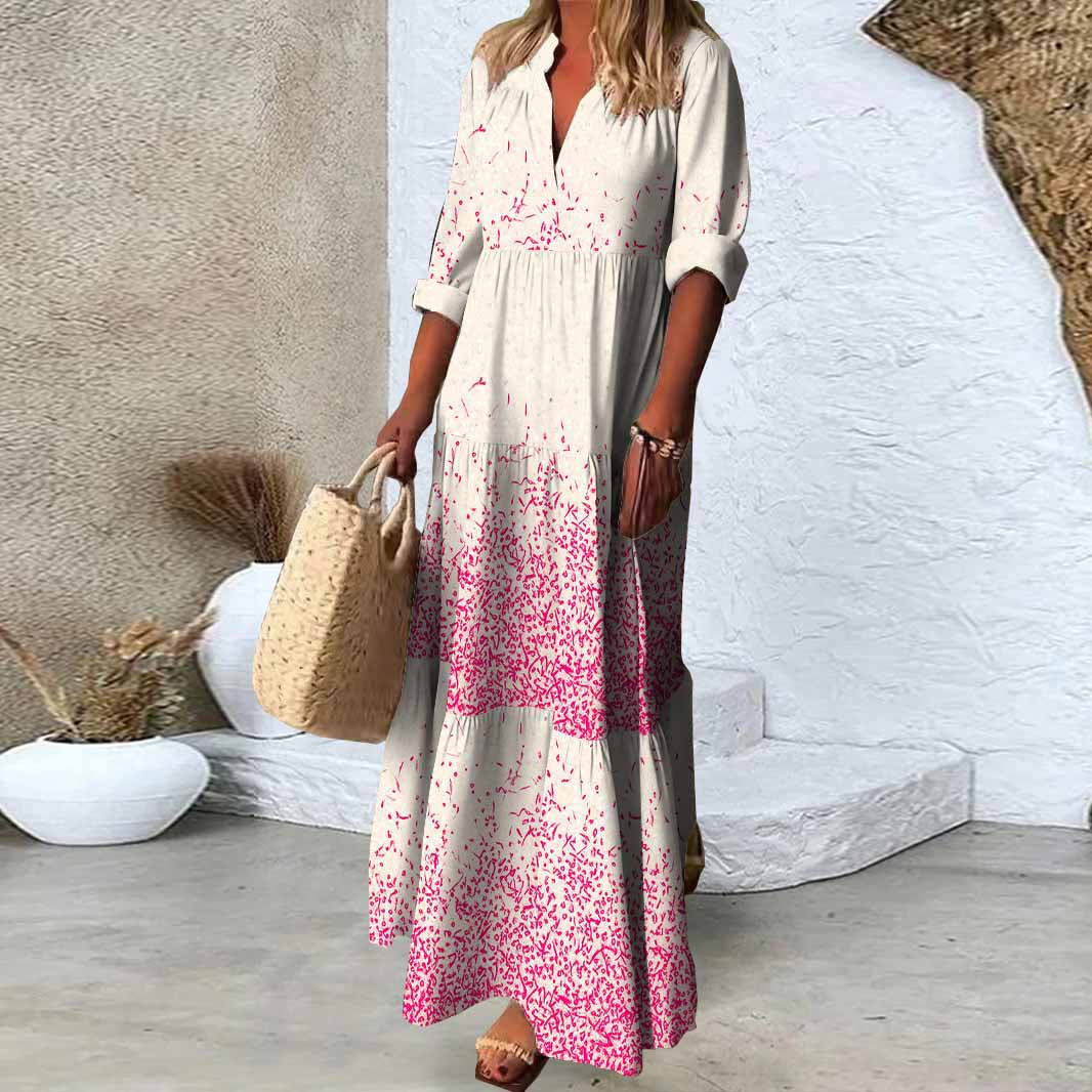 Women Polka Dot, Red DZDN0470 SPU Printed Long Sleeve V-neck Maxi Dress