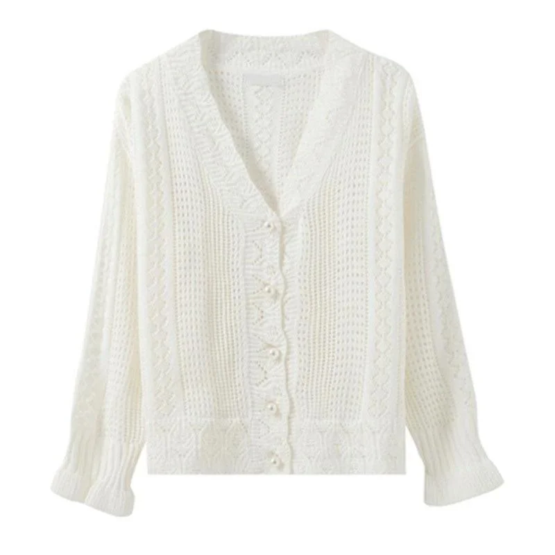 Fashion Women Cardigans Sweater New Autumn V Neck Elegant Knitted Long sleeve Hollow Out  Tops Pull Femme Casual Coat