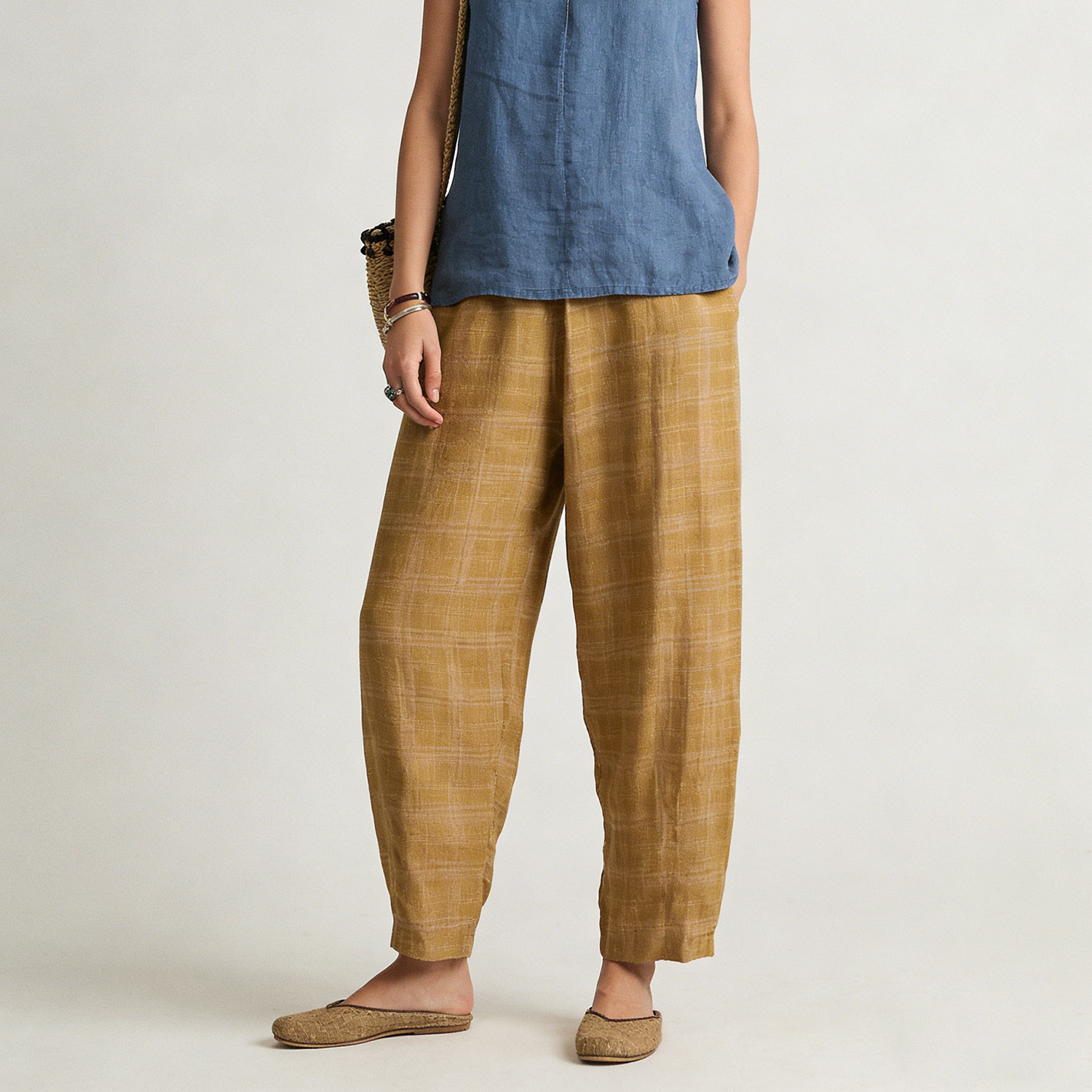 Women's Linen Pants Plaid Tapered Elastic Waist Casual Cropped 100% Linen Trousers REAL SILK LIFE