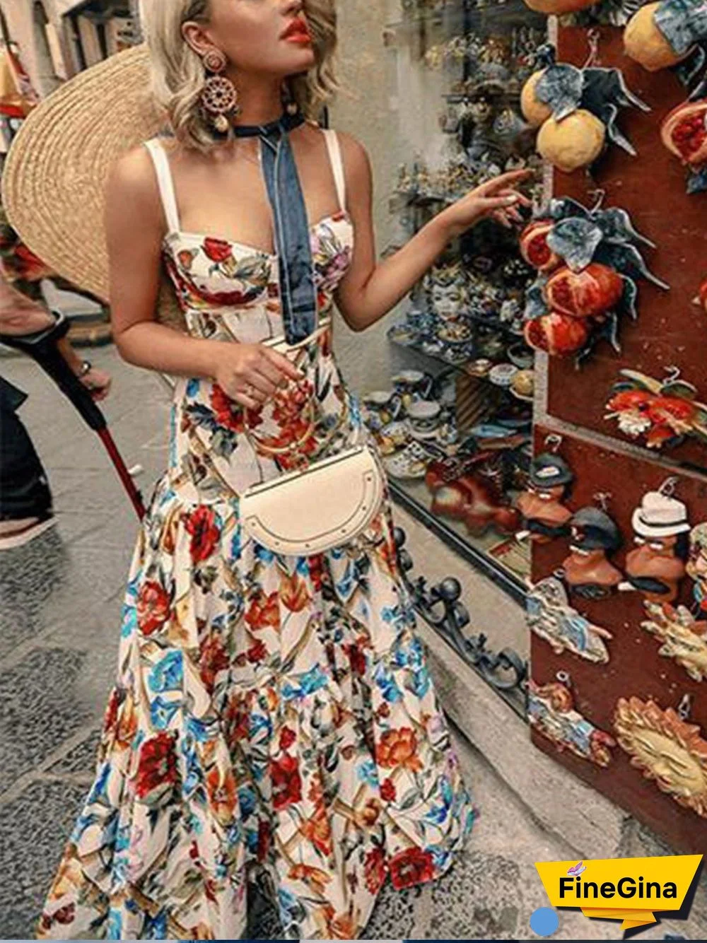 Sleeveless Sling Flower Print Maxi Dress P14846