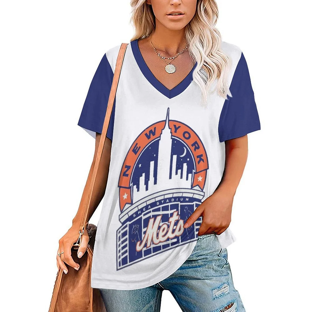 V-neck Short Sleeve Casual T-shirt for  Women Printed with Pattern , Blue, Red
