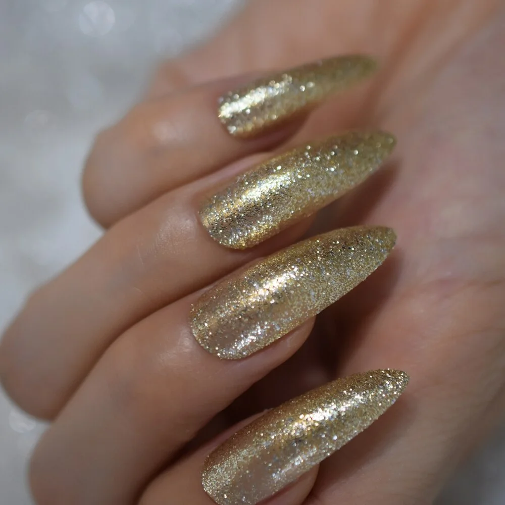 Extra Long Stiletto Faux Ongles Spirit Clear Nail Art Tips Gold Giltter Decorative Predesigned False Nails Shimmer for Party-Nail Inspo