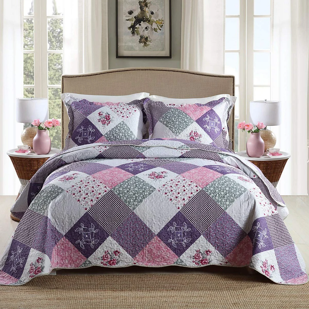 Qucover King Quilt Bedding Set 3-Piece Super Soft Microfiber Reversible Purple Quilt King Size, Lavender Little Rose Purple Quilt Bedspreads with 2 Pillowcase, 98x106 Inch